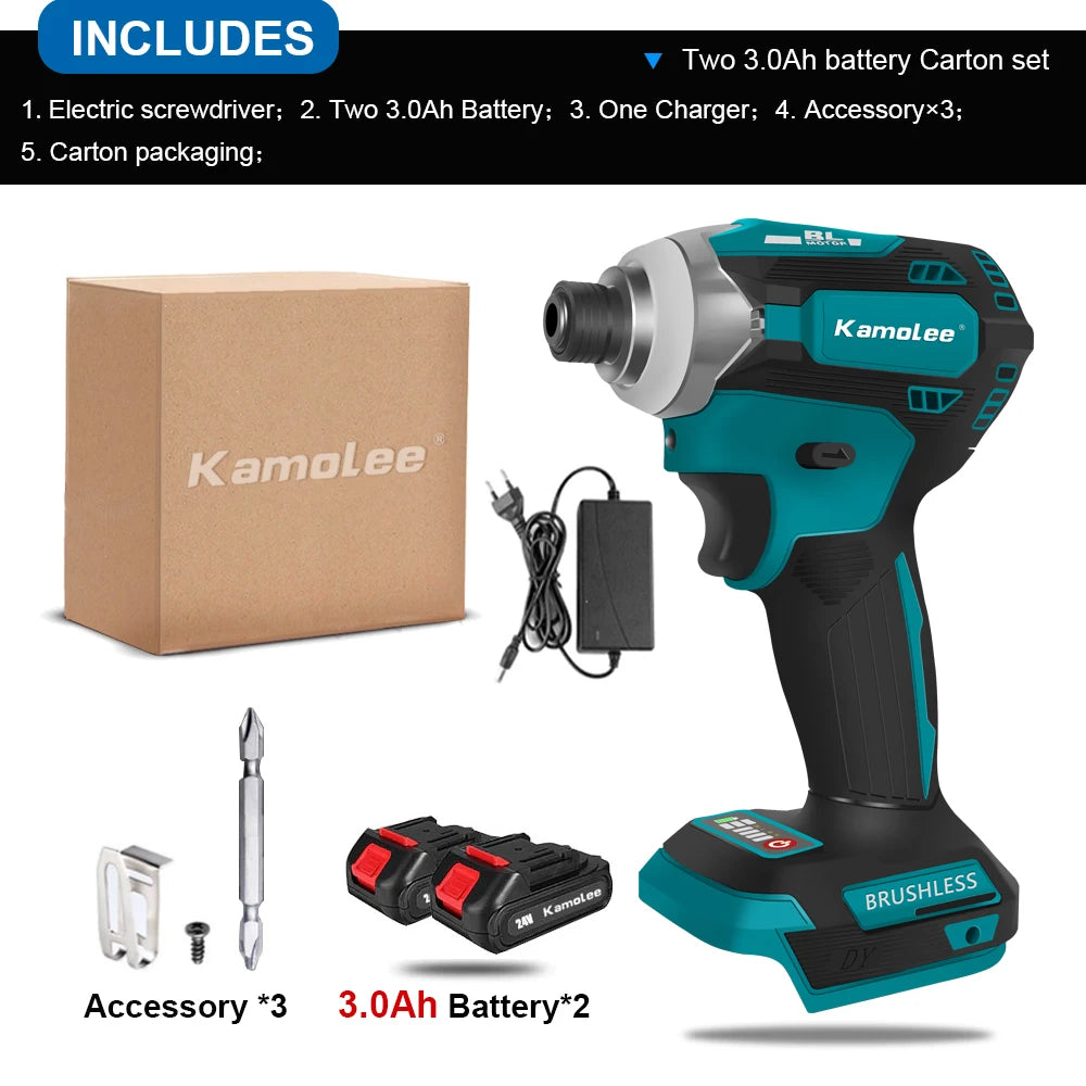 Kamolee 588Nm Cordless Electric Impact Brushless Wrench 5 Speed Screwdriver Power Tool 1/4" with 3 LED Light for 18V 21V Battery