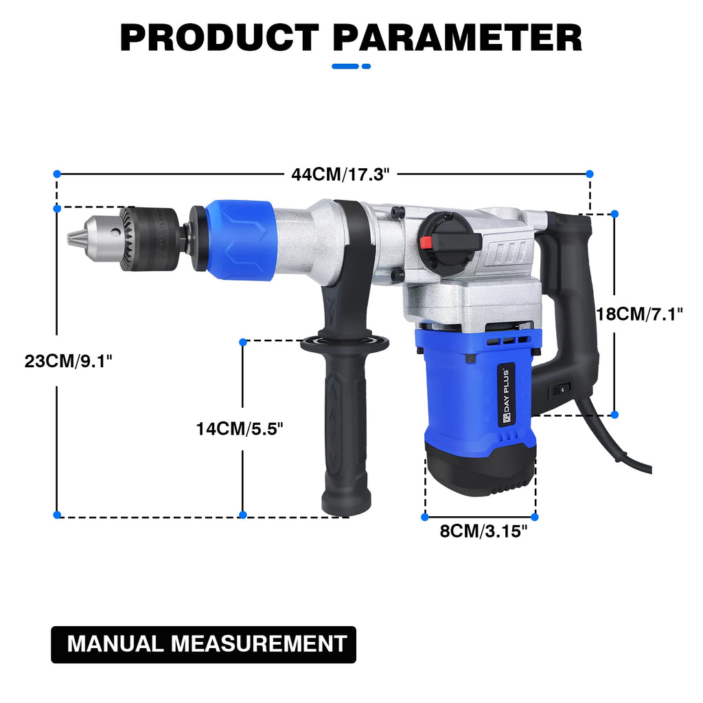 DayPlus 1500W SDS-Plus Rotary Hammer Drill,Corded Drills, Heavy Duty Chipping Hammers w/ Vibration Control& Safety Clutch & Case