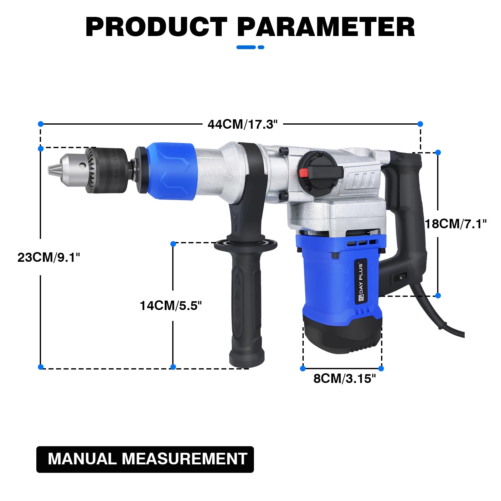 DayPlus 1500W SDS-Plus Rotary Hammer Drill,Corded Drills, Heavy Duty Chipping Hammers w/ Vibration Control& Safety Clutch & Case