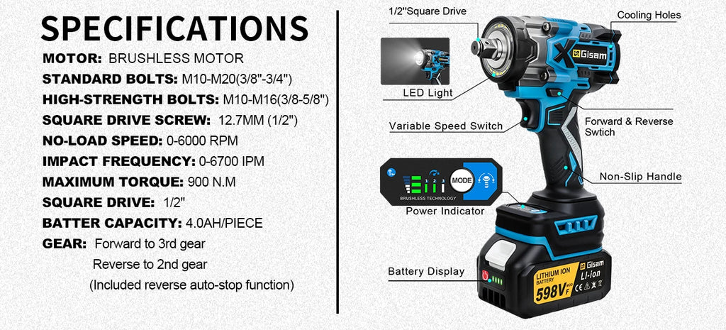 Gisam 900N.M Brushless Electric Wrench 1/2 Inch Impact Wrench Electirc Screwdriver Drill Compatible with Makita 18V Battery Pin