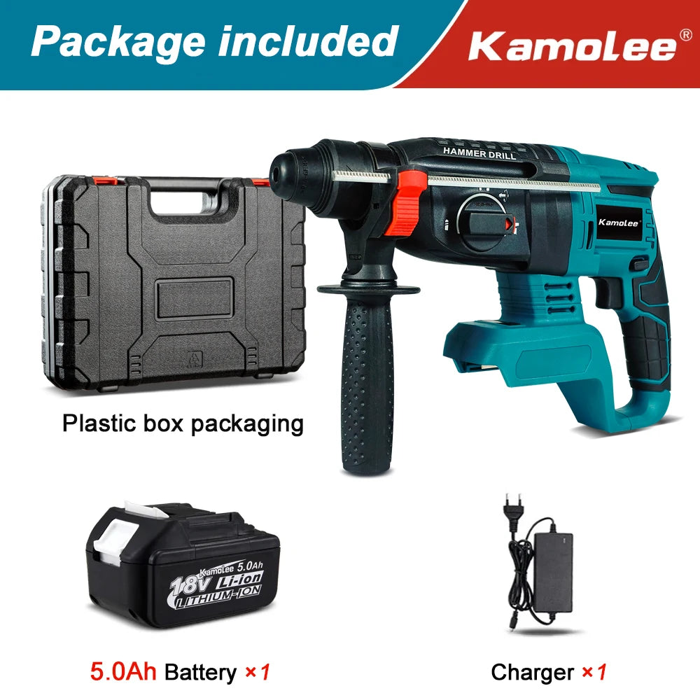 Kamolee 2000W 10600IPM Brushless Cordless Rotary Hammer Drill Rechargeable Electric Hammer Impact Drill