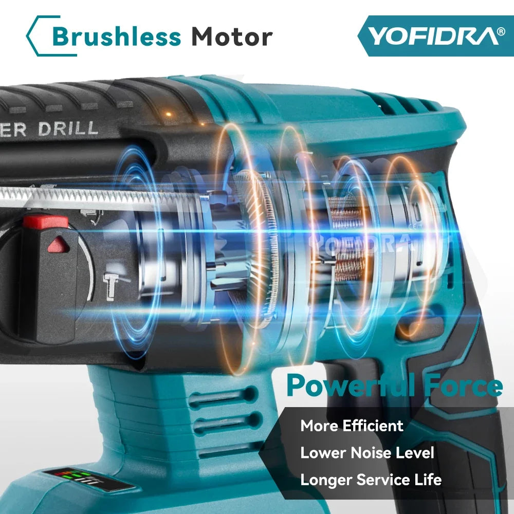 YOFIDRA 26MM Brushless Electric Hammer Drill 1680W Cordless Multifunctional Rotary Hammer Drill Tool For Makita 18V Battery Pin