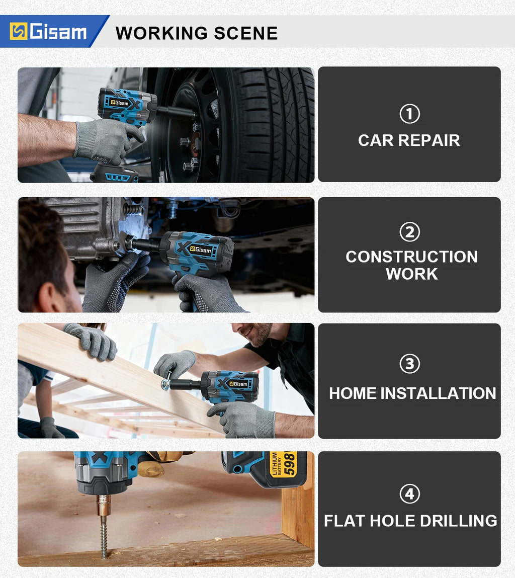 Gisam 900N.M Torque Brushless Electric Impact Wrench 1/2 inch Cordless Wrench Screwdriver Power Tools For Makita 18V Battery Pin