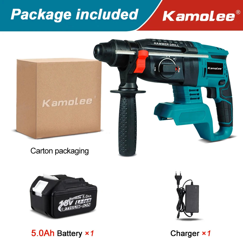 Kamolee 2000W 10600IPM Brushless Cordless Rotary Hammer Drill Rechargeable Electric Hammer Impact Drill