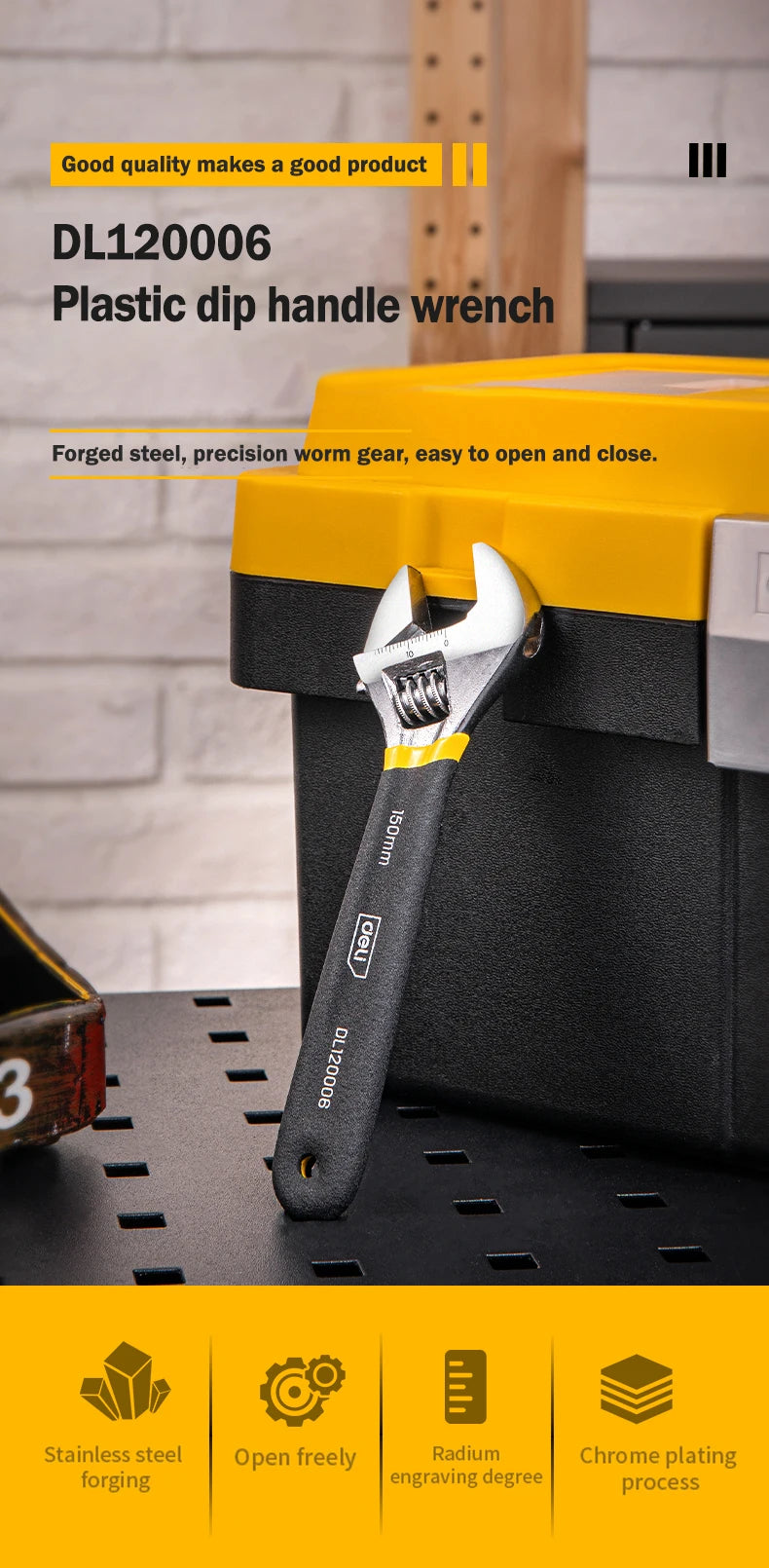 Deli Adjustable Spanner PVC Coated Handle Stainless Steel Universal Spanner Hand Tool 6 8 Inch Household Multifunctional  Wrench