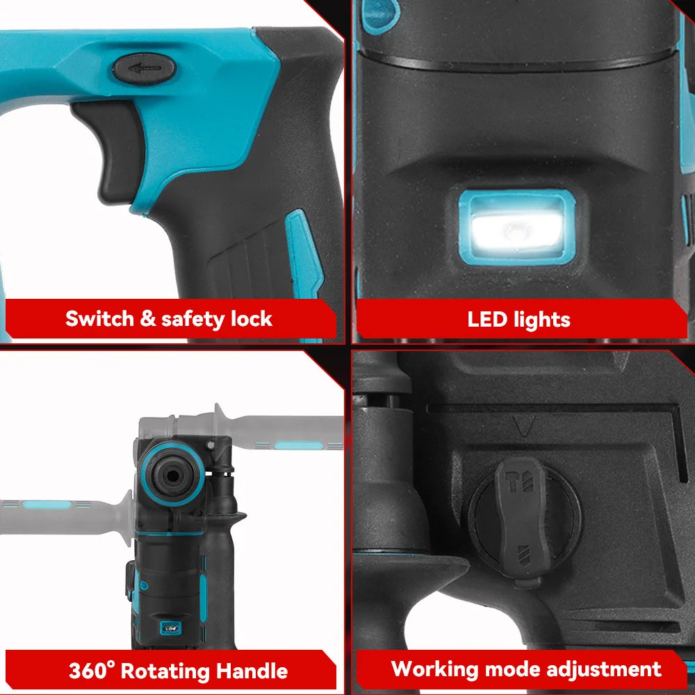 ONEVAN 27MM Brushless Electric Hammer Impact Drill Cordless Multifunction Rotary Hammer Power Tool For Makita 18V Battery Pin