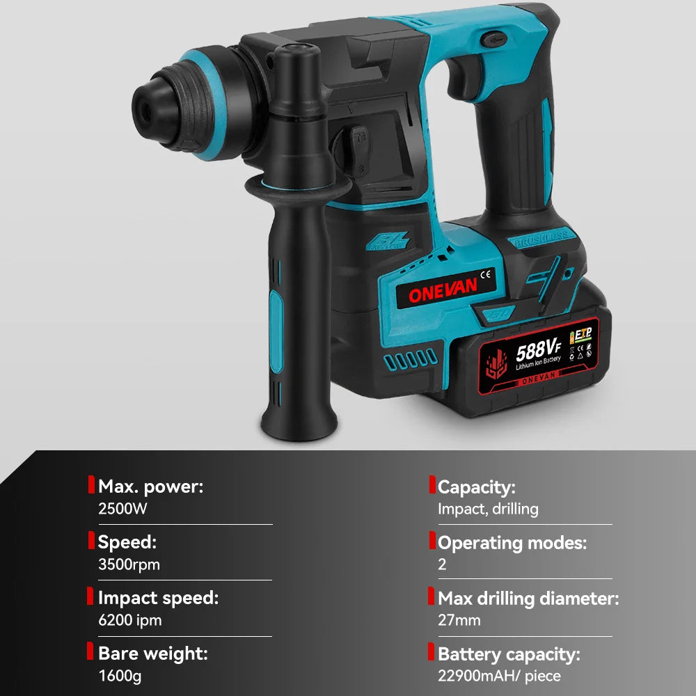 ONEVAN 27MM Brushless Electric Hammer Impact Drill Cordless Multifunction Rotary Hammer Power Tool For Makita 18V Battery Pin