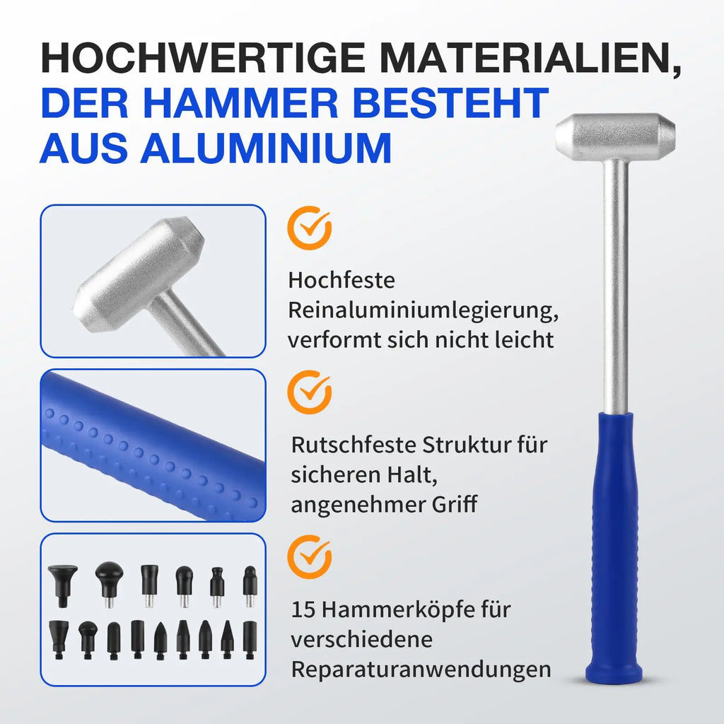 PDR Tool Dent Repair Hammer Set 15 Interchangeable Heads for Precise Removal of Small Hail Damage Rustproof Aluminum Alloy
