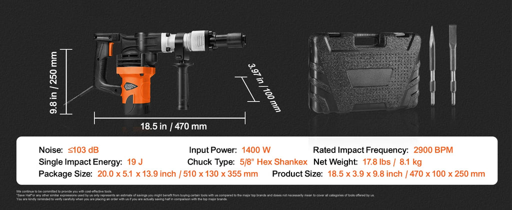 SucceBuy 1400 W Demolition Jack Hammer Electric Jackhammer Heavy Duty 2900 BPM Concrete Breaker 2 pcs Chisels Bits Chipping
