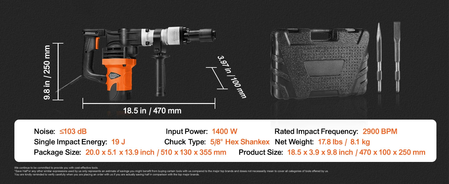 SucceBuy 1400 W Demolition Jack Hammer Electric Jackhammer Heavy Duty 2900 BPM Concrete Breaker 2 pcs Chisels Bits Chipping
