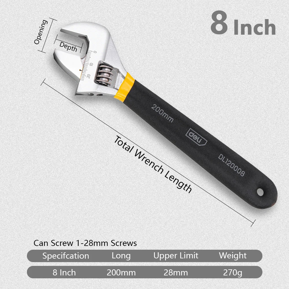 Deli 1 Pcs 6/8/10/12 Inch Universal Spanner Adjustable Wrench Strong with Non-slip Handle Large Opening Monkey Wrench