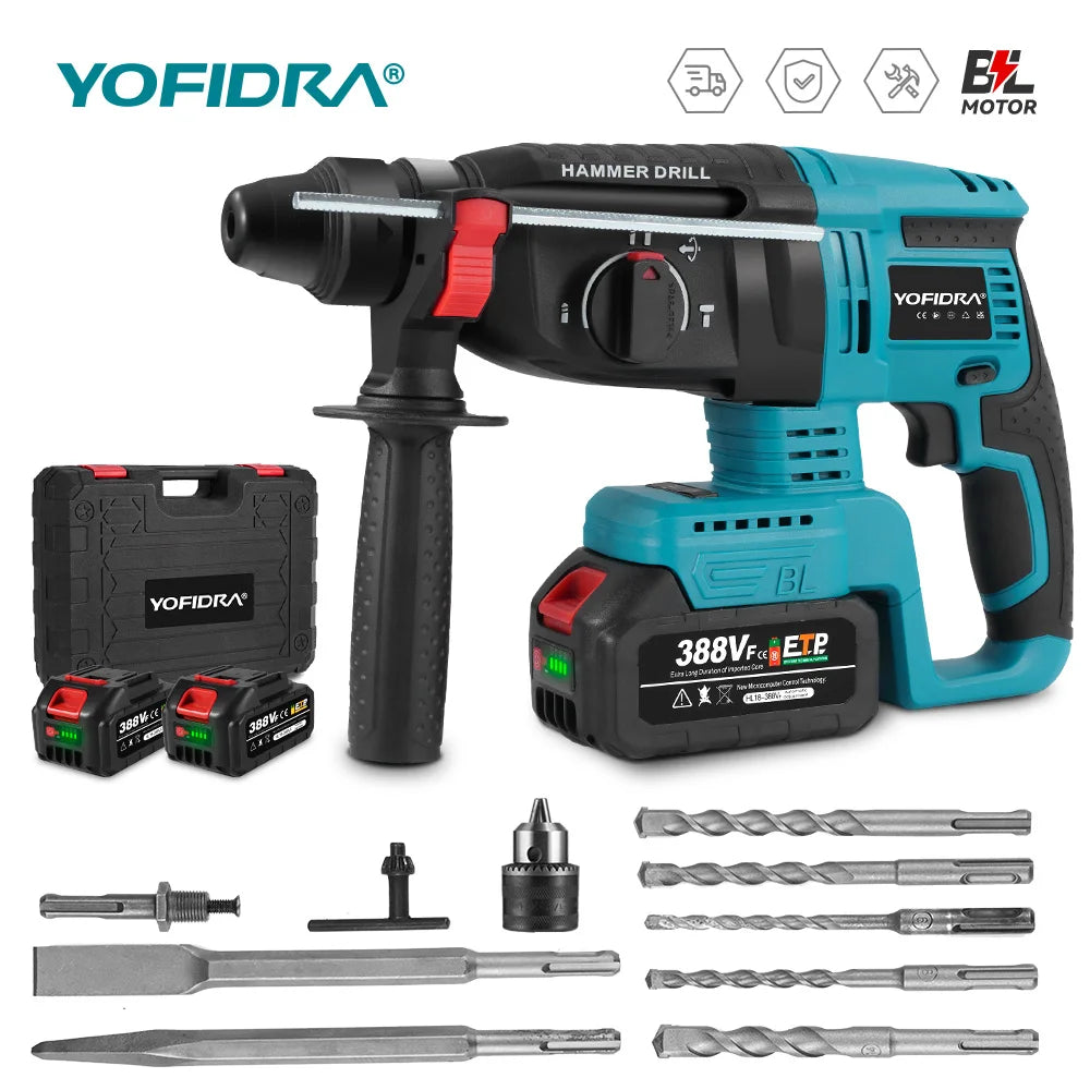 YOFIDRA 26MM Brushless Electric Hammer Drill 1680W Cordless Multifunctional Rotary Hammer Drill Tool For Makita 18V Battery Pin