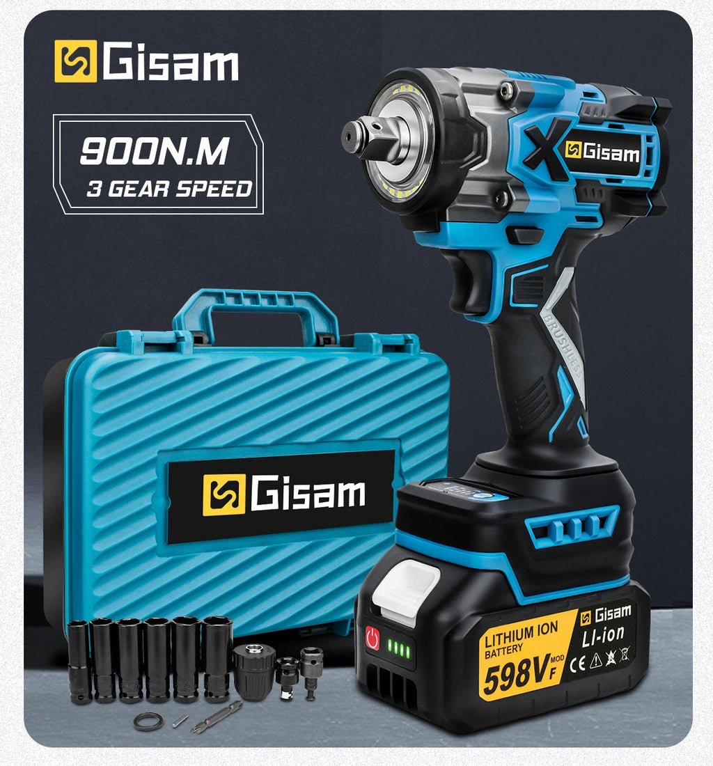 Gisam 900N.M Torque Brushless Electric Impact Wrench 1/2 inch Cordless Wrench Screwdriver Power Tools For Makita 18V Battery Pin