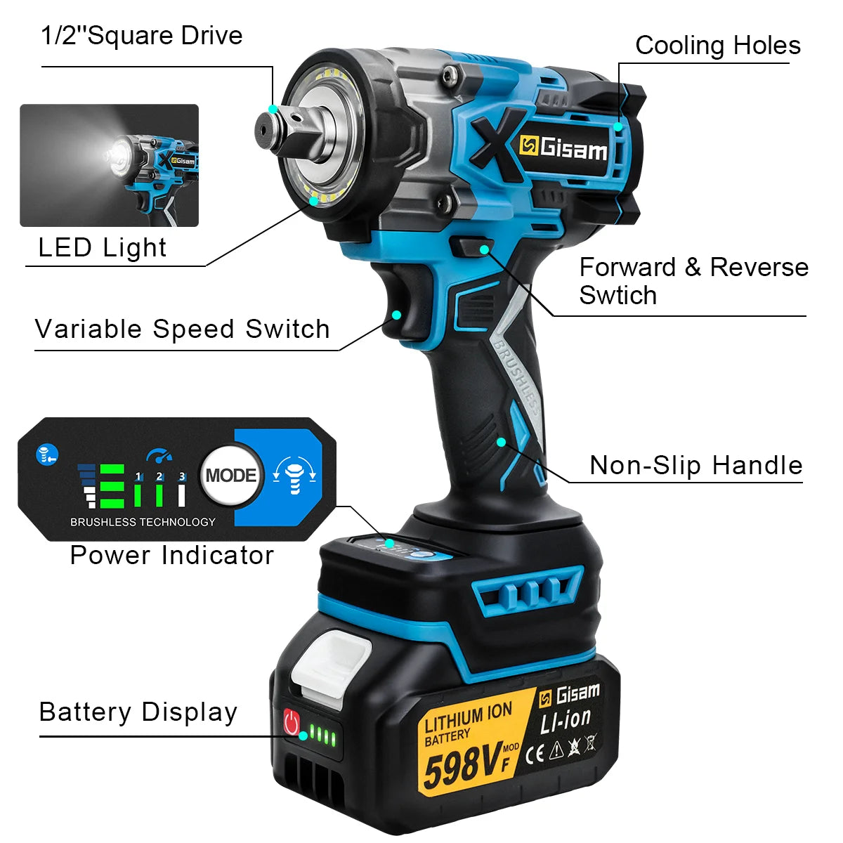 Gisam 900N.M Torque Brushless Electric Impact Wrench 1/2 inch Cordless Wrench Screwdriver Power Tools For Makita 18V Battery Pin