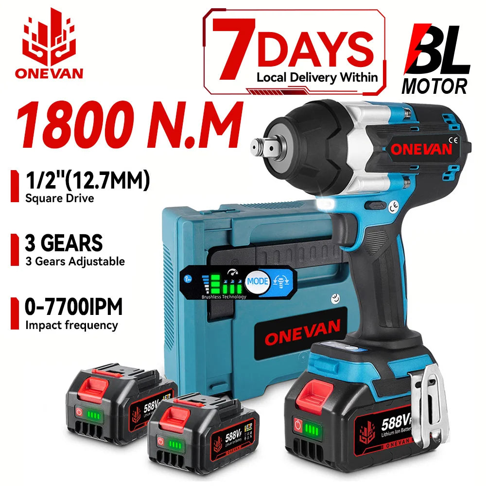 ONEVAN High Torque Cordless Brushless Electric Impact Wrench 1800N.M 1/2" Drill Screwdrivers Power Tools For Makita Battery Pin
