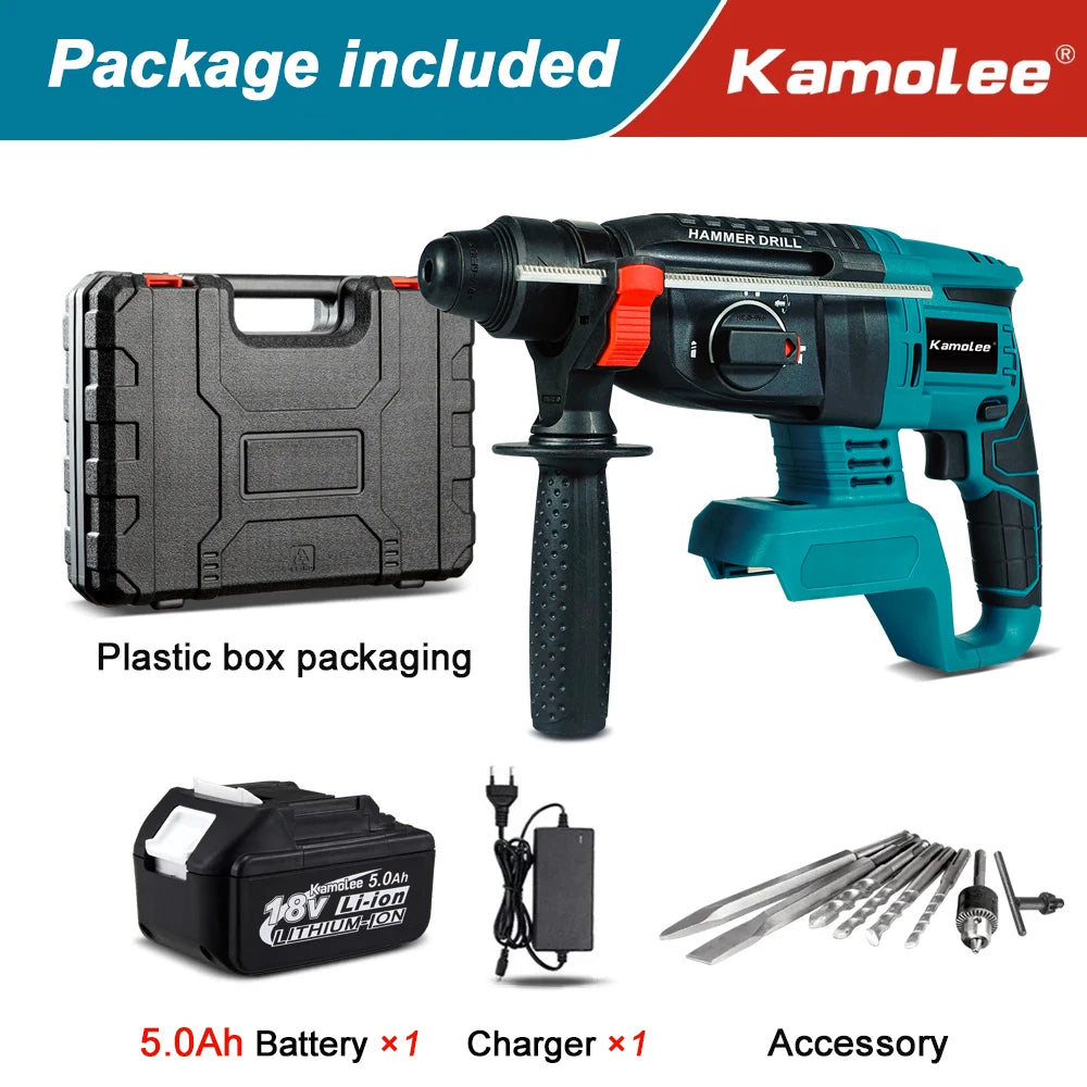 Kamolee 2000W 10600IPM Brushless Cordless Rotary Hammer Drill Rechargeable Electric Hammer Impact Drill