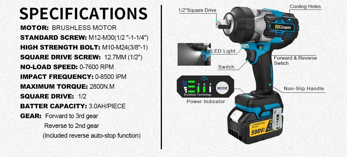 Gisam 2800N.M Brushless Electric Wrench 1/2 Inch Impact Wrench Electirc Screwdriver Drill Compatible with Makita 18V Battery Pin