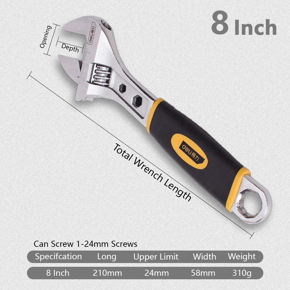 Deli 1 Pcs 6/8/10/12 Inch Universal Spanner Adjustable Wrench Strong with Non-slip Handle Large Opening Monkey Wrench