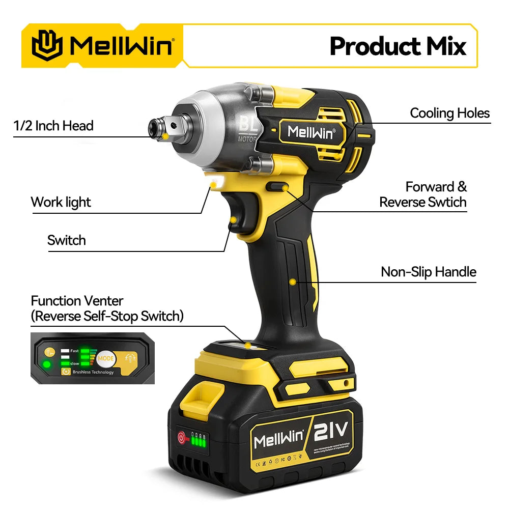 MELLWIN Brushless 520N·m Multi Electric Impact Wrench Set 3IN1 Electric Drill Screwdrive Repair Tool For Makita 18V Battery Pin