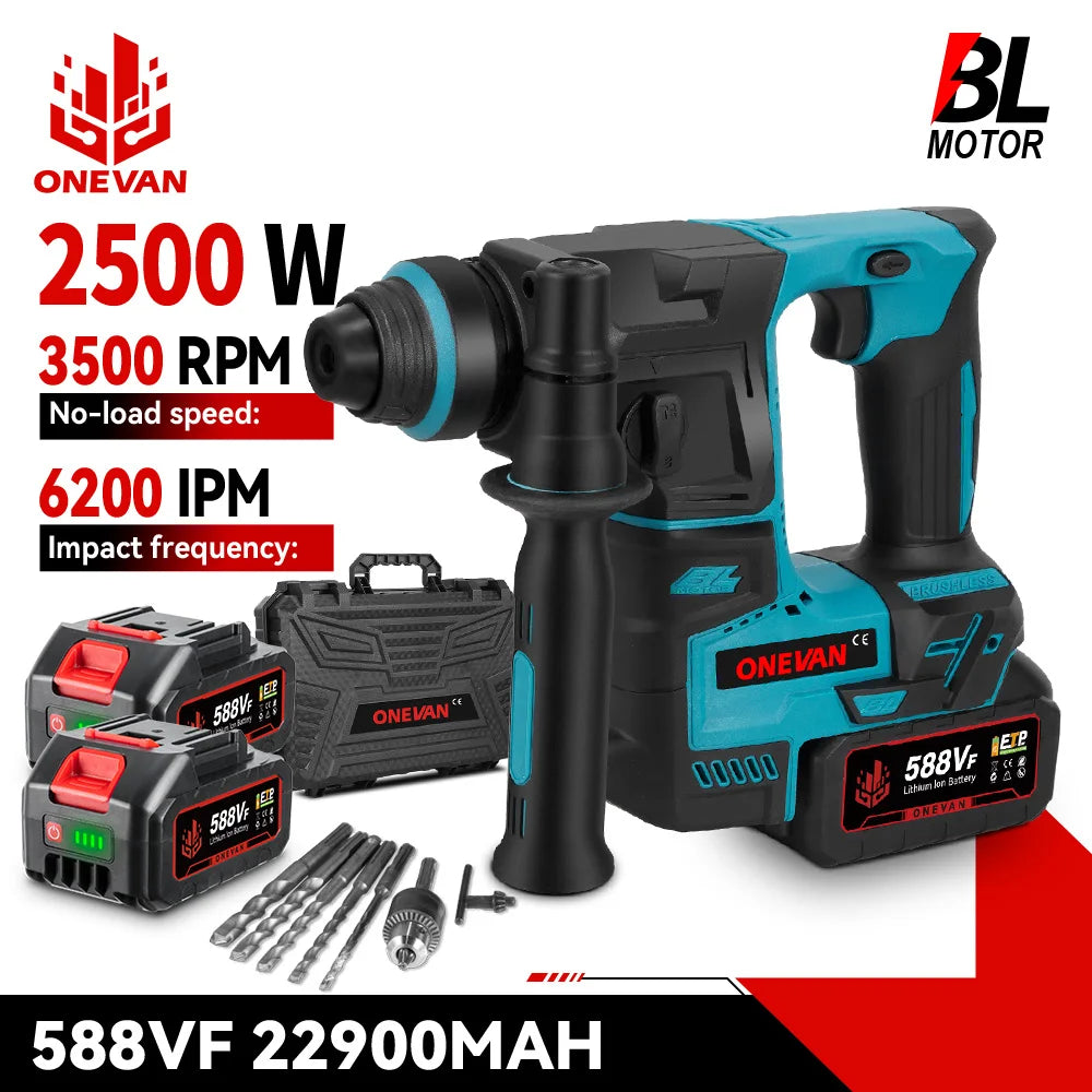 ONEVAN 27MM Brushless Electric Hammer Impact Drill Cordless Multifunction Rotary Hammer Power Tool For Makita 18V Battery Pin
