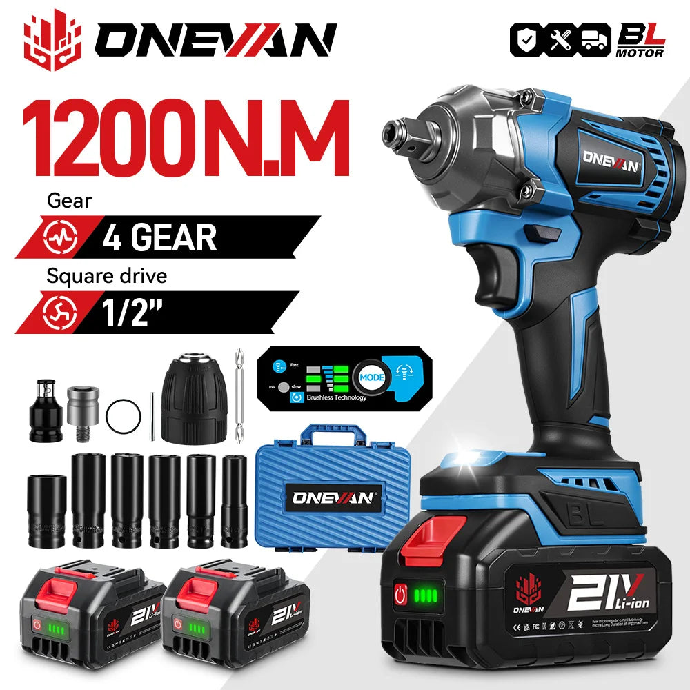 ONEVAN 1200N.M Brushless Electric Impact Wrench 1/2inch Cordless Torque Wrench Screwdriver Power Tool For Makita 18V Battery Pin