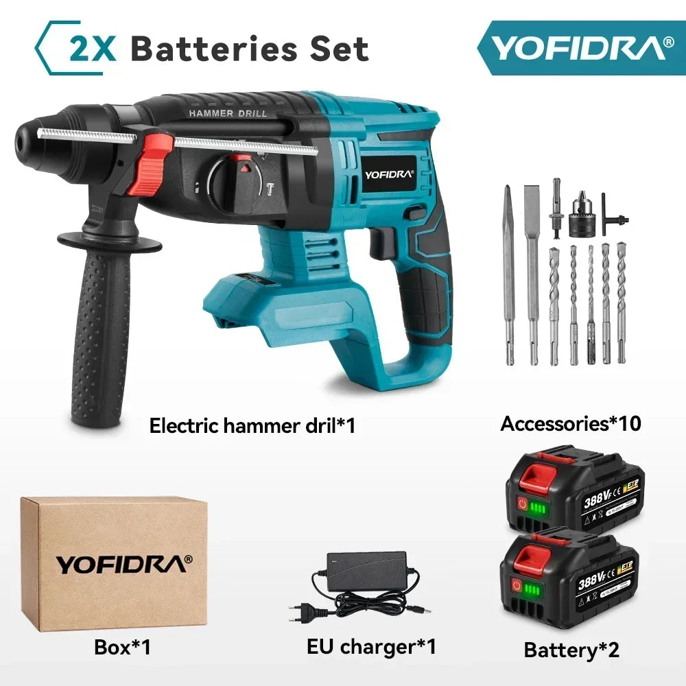 YOFIDRA 26MM Brushless Electric Hammer Drill 1680W Cordless Multifunctional Rotary Hammer Drill Tool For Makita 18V Battery Pin