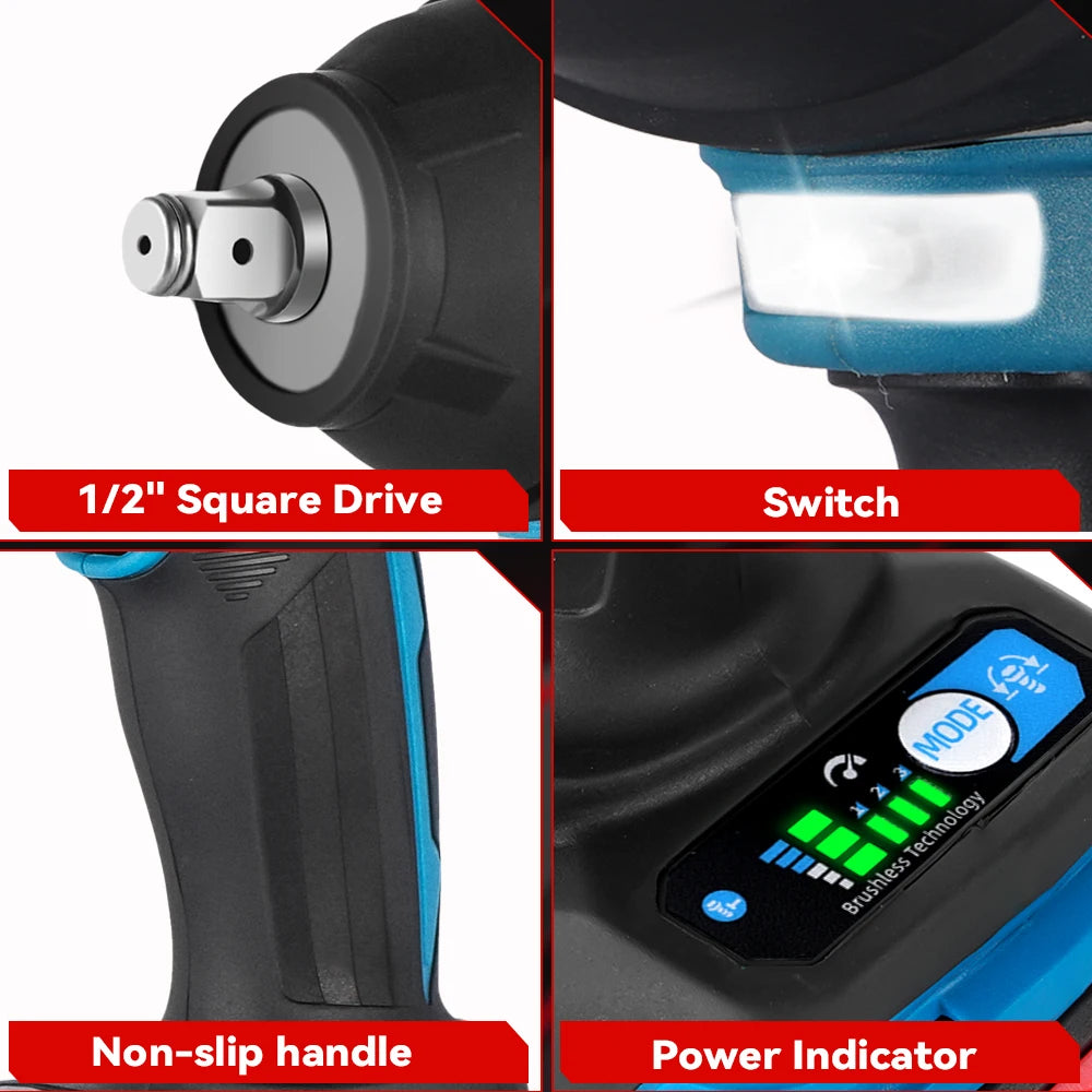 ONEVAN High Torque Cordless Brushless Electric Impact Wrench 1800N.M 1/2" Drill Screwdrivers Power Tools For Makita Battery Pin