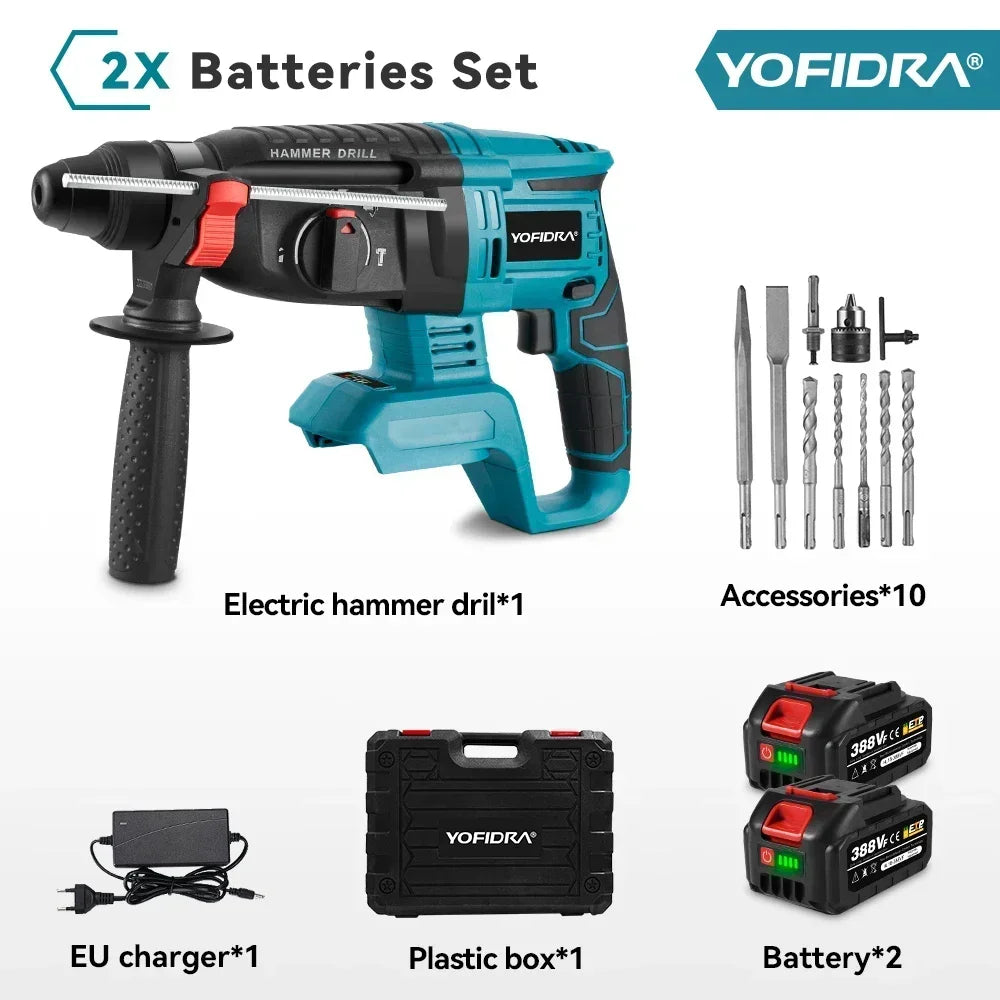 YOFIDRA 26MM Brushless Electric Hammer Drill 1680W Cordless Multifunctional Rotary Hammer Drill Tool For Makita 18V Battery Pin