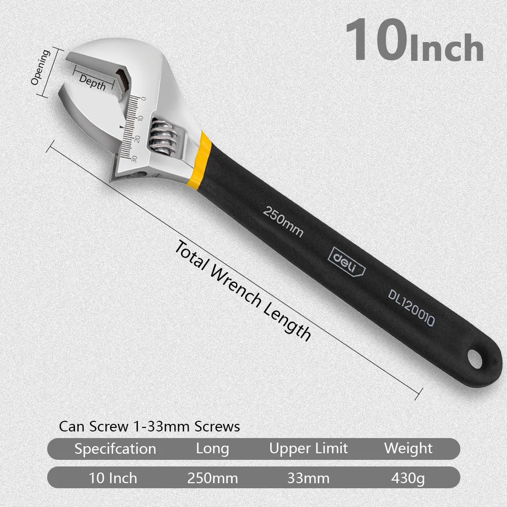 Deli 1 Pcs 6/8/10/12 Inch Universal Spanner Adjustable Wrench Strong with Non-slip Handle Large Opening Monkey Wrench