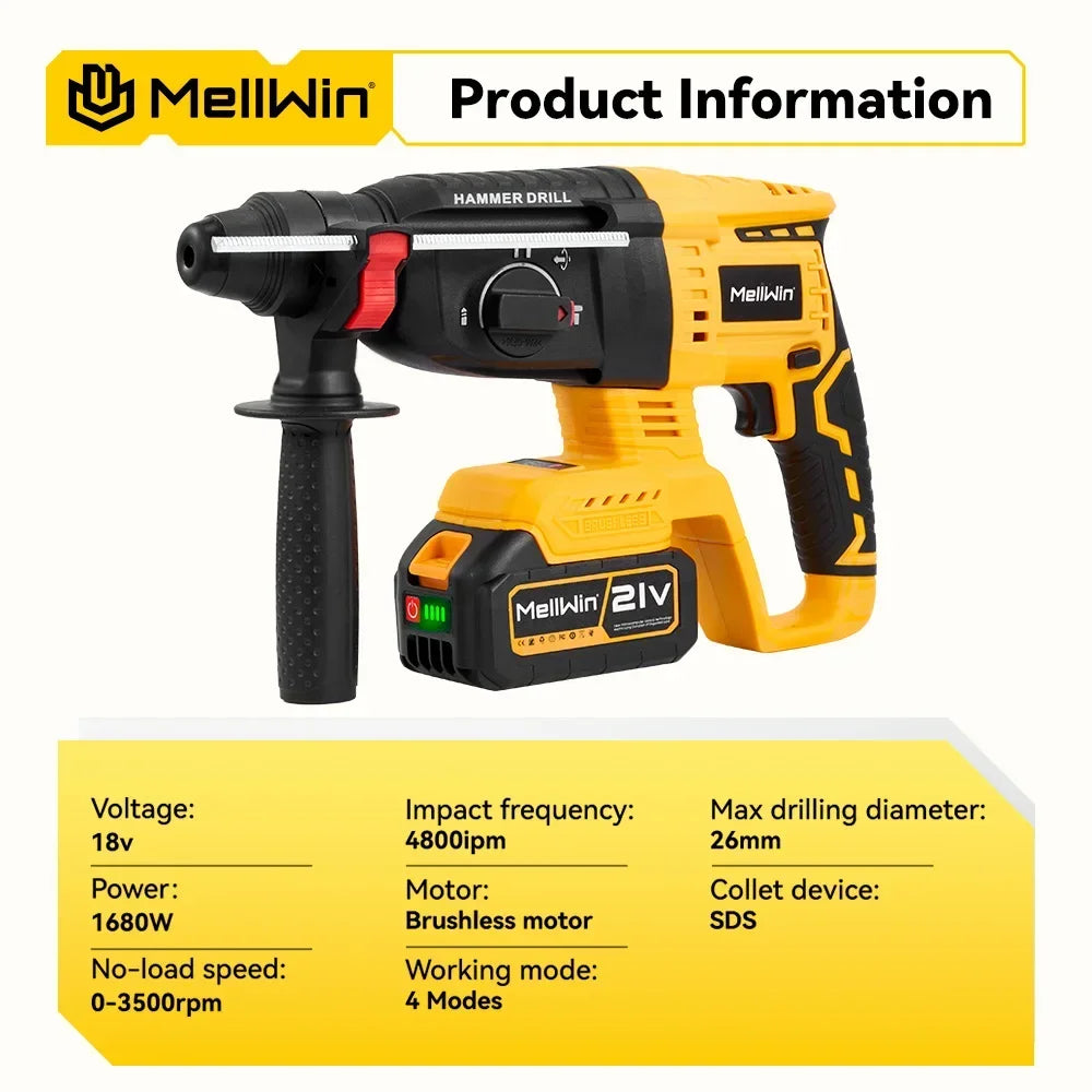 MELLWIN 3 in 1 Brushless Electric Hammer Drill Multifunction Impact Hammer for Steel Concrete Wood For Makita 18V Battery Pin
