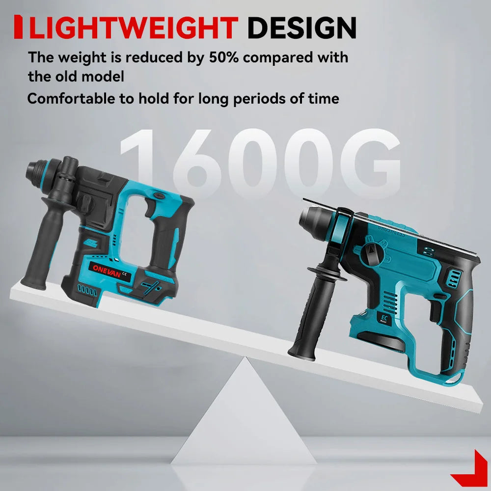 ONEVAN 27MM Brushless Electric Hammer Impact Drill Cordless Multifunction Rotary Hammer Power Tool For Makita 18V Battery Pin