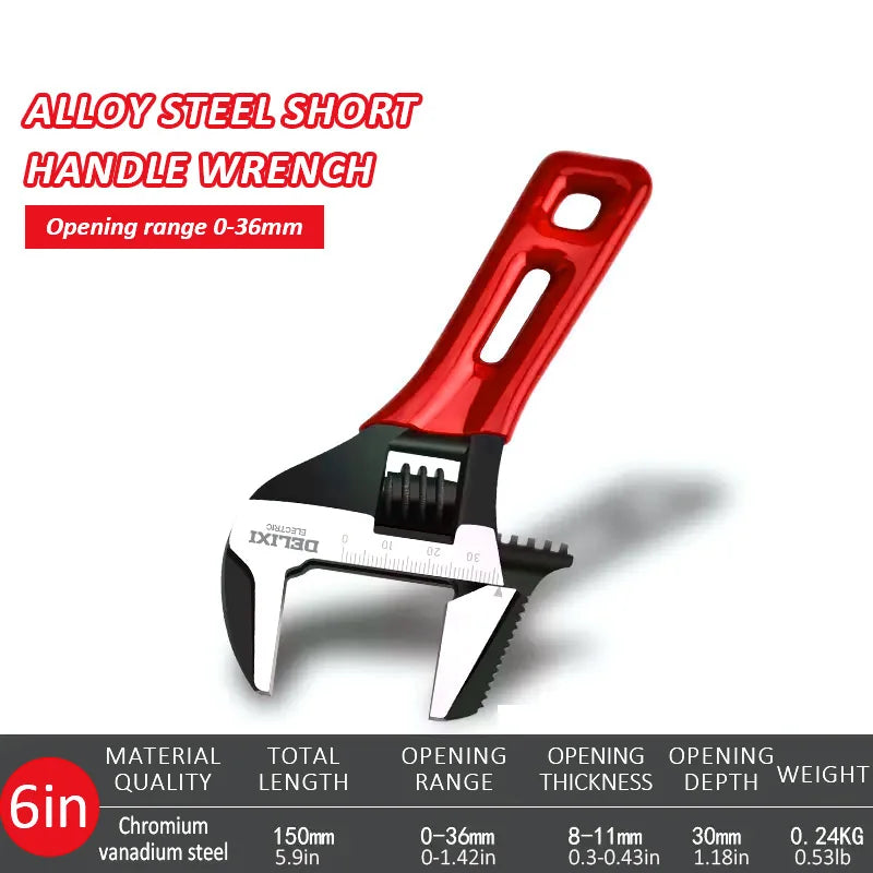 DELIXI ELECTRIC Short Handle Wrench，Big Opening Ratchet Wheel Adjustable Bathroom Wrench，for MaintainingBathroomPiping Facilitie