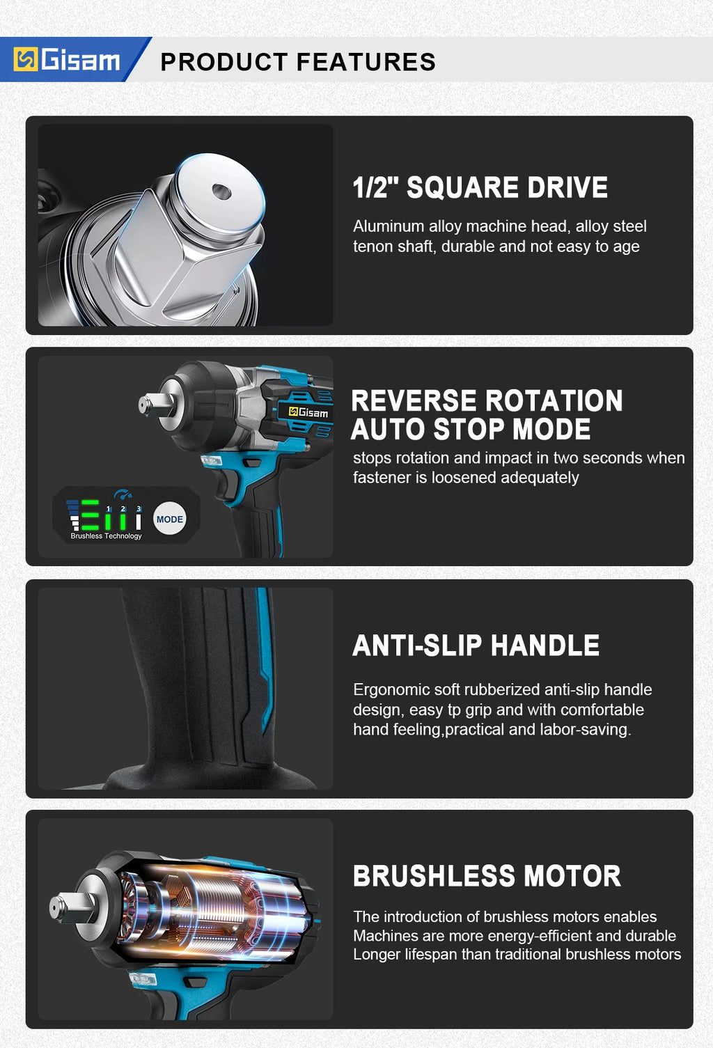 Gisam 2800N.M Brushless Electric Wrench 1/2 Inch Impact Wrench Electirc Screwdriver Drill Compatible with Makita 18V Battery Pin