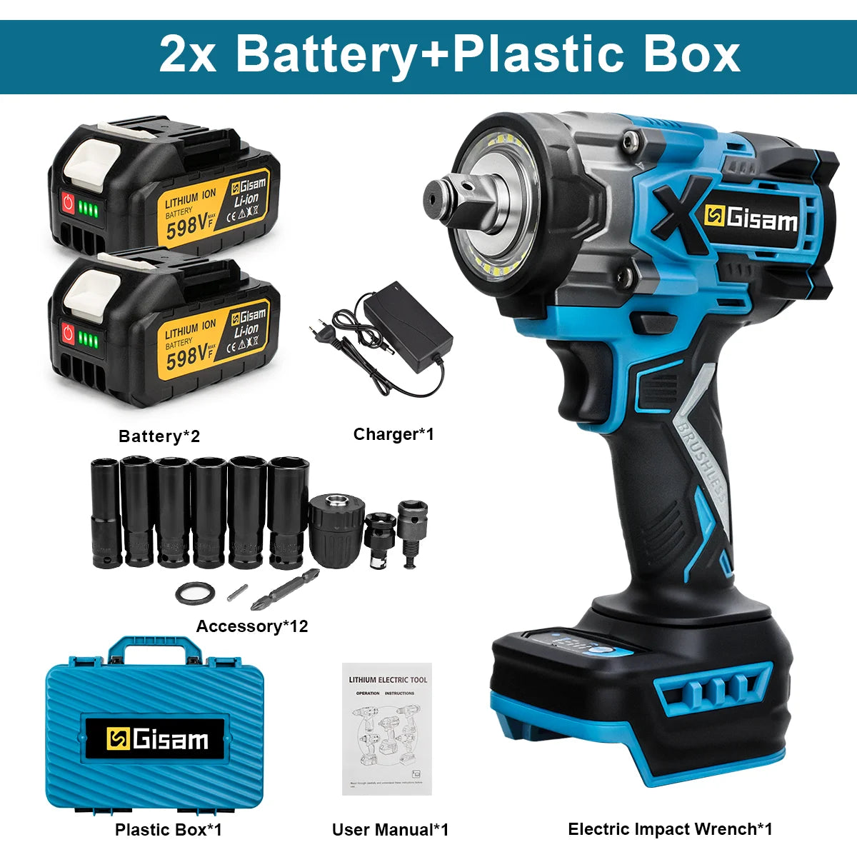 Gisam 900N.M Torque Brushless Electric Impact Wrench 1/2 inch Cordless Wrench Screwdriver Power Tools For Makita 18V Battery Pin