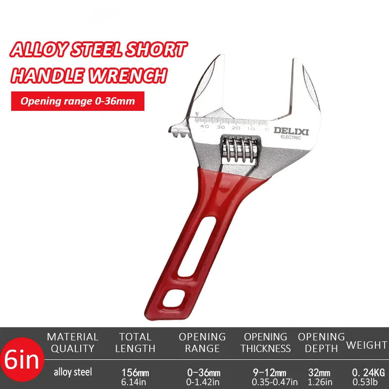 DELIXI ELECTRIC Short Handle Wrench，Big Opening Ratchet Wheel Adjustable Bathroom Wrench，for MaintainingBathroomPiping Facilitie