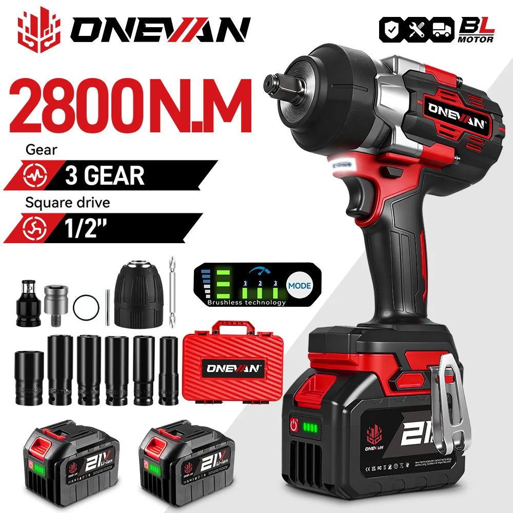 ONEVAN 2800N.M 2800W Brushless Electric Impact Wrench 1/2 Inch Cordless Wrench Screwdriver Power Tool For Makita 18V Battery Pin