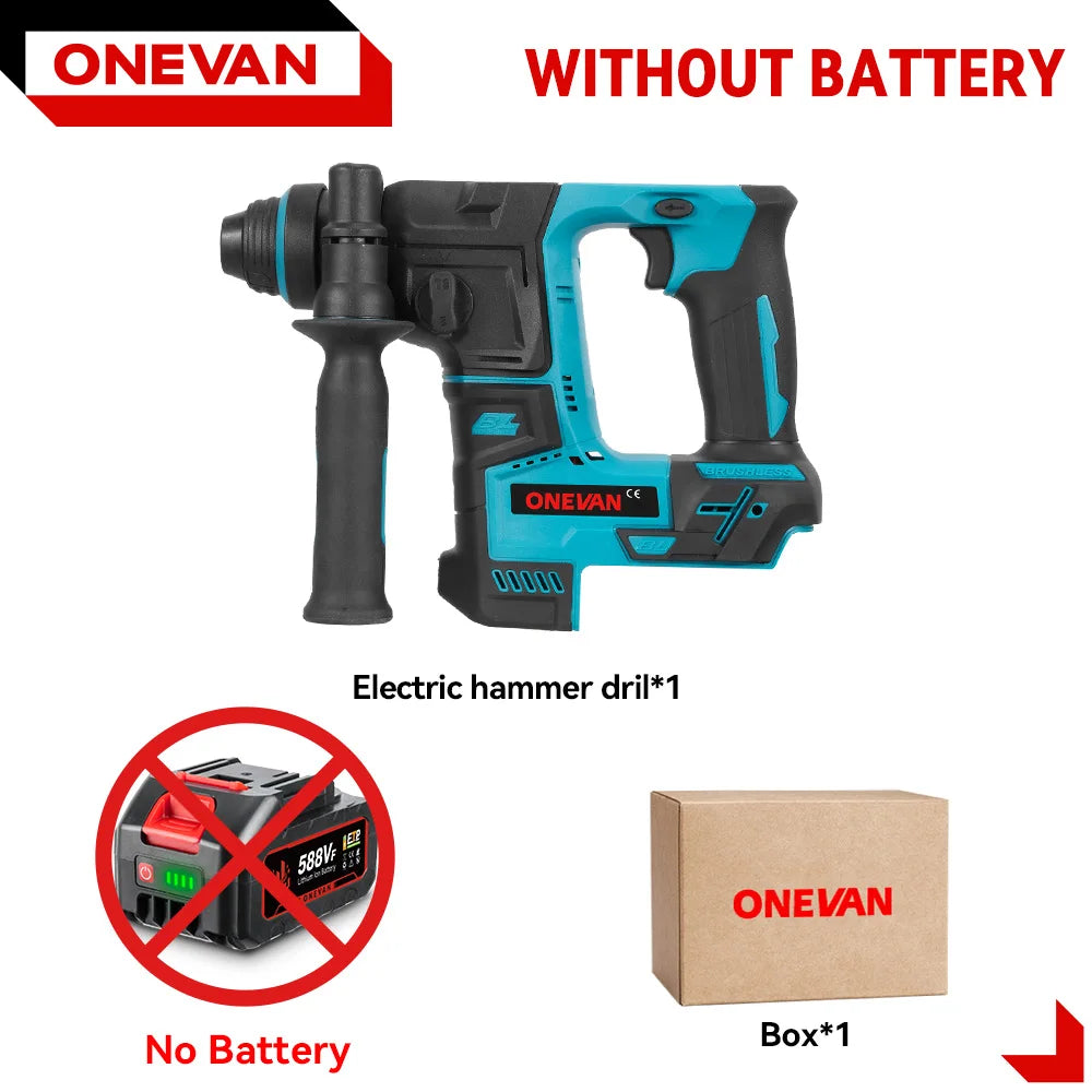 ONEVAN 27MM Brushless Electric Hammer Impact Drill Cordless Multifunction Rotary Hammer Power Tool For Makita 18V Battery Pin