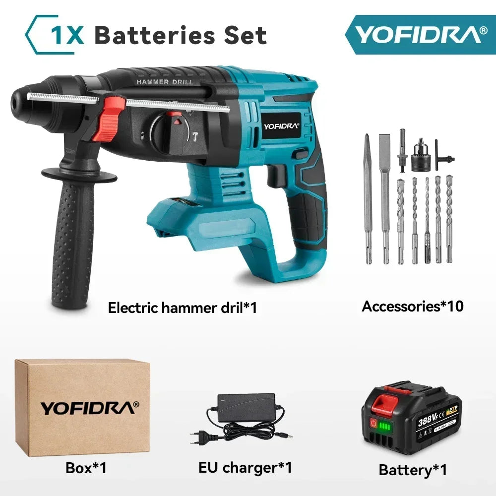 YOFIDRA 26MM Brushless Electric Hammer Drill 1680W Cordless Multifunctional Rotary Hammer Drill Tool For Makita 18V Battery Pin