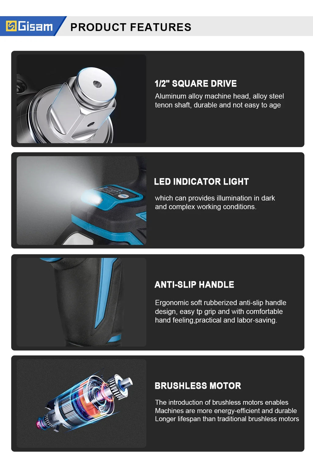 Gisam 1200N.M Brushless Electric Impact Wrench 1/2 inch Screwdriver Cordless Electric Wrench Tools for Makita 18V Battery Pins