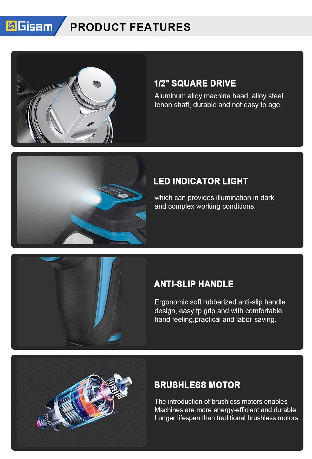 Gisam 1200N.M Brushless Electric Impact Wrench 1/2 inch Screwdriver Cordless Electric Wrench Tools for Makita 18V Battery Pins