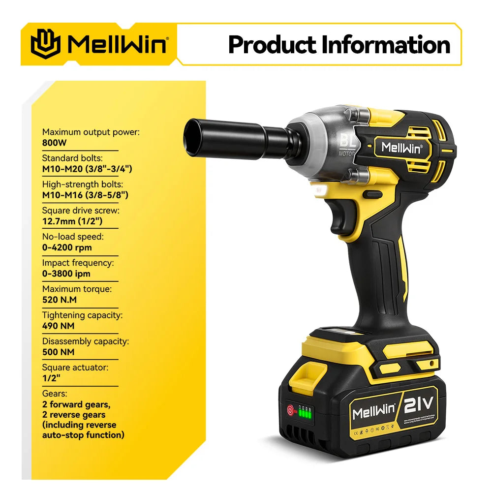 MELLWIN Brushless 520N·m Multi Electric Impact Wrench Set 3IN1 Electric Drill Screwdrive Repair Tool For Makita 18V Battery Pin