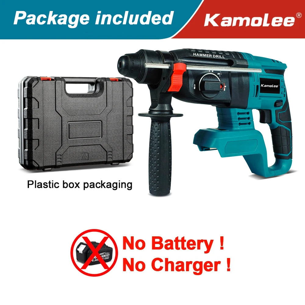 Kamolee 2000W 10600IPM Brushless Cordless Rotary Hammer Drill Rechargeable Electric Hammer Impact Drill
