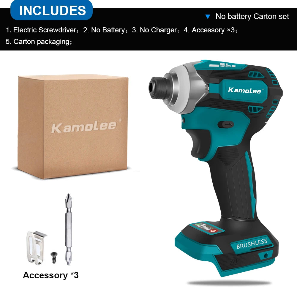 Kamolee 588Nm Cordless Electric Impact Brushless Wrench 5 Speed Screwdriver Power Tool 1/4" with 3 LED Light for 18V 21V Battery