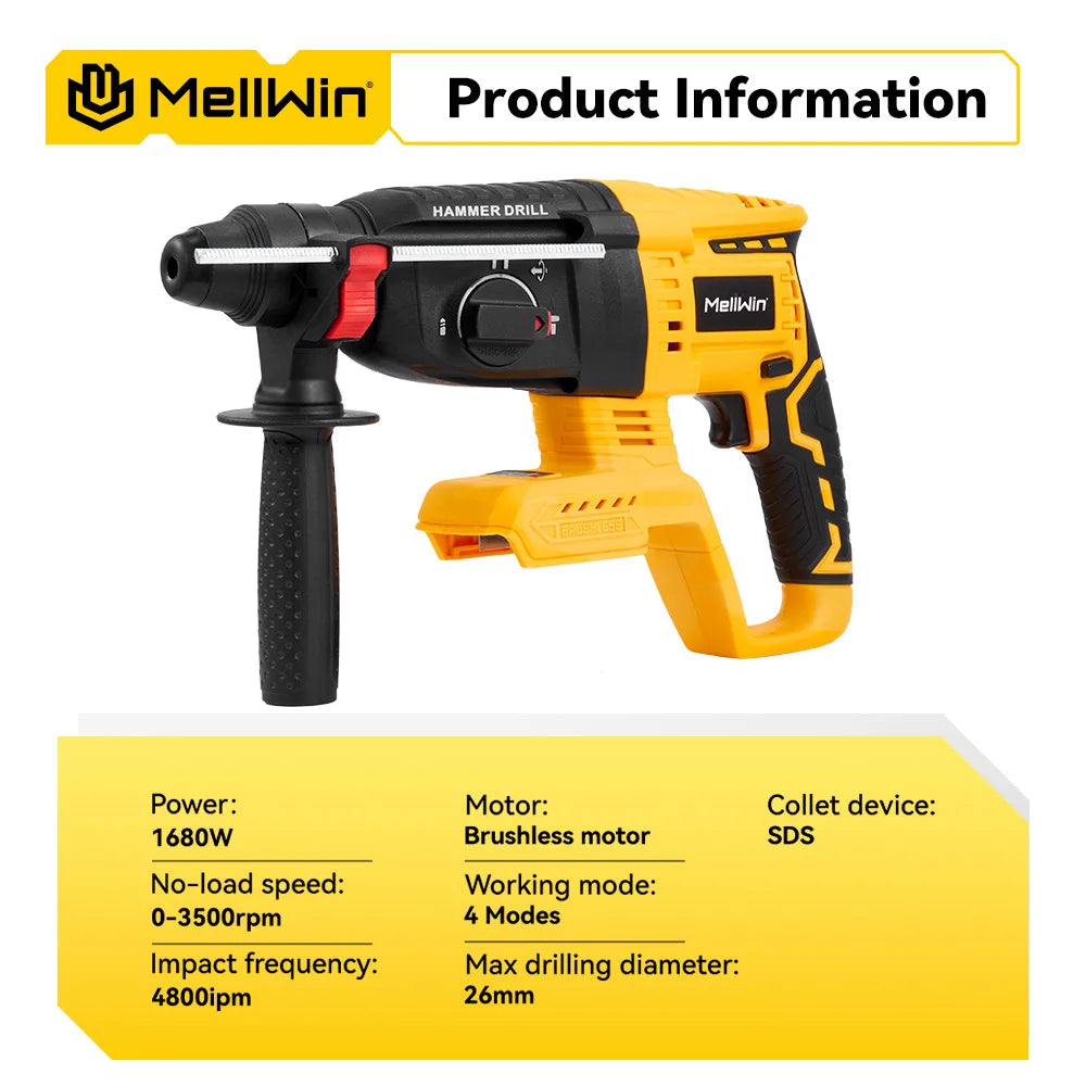 MELLWIN 3 in 1 Brushless Electric Hammer Drill Multifunction Impact Hammer for Steel Concrete Wood For Makita 18V Battery Pin