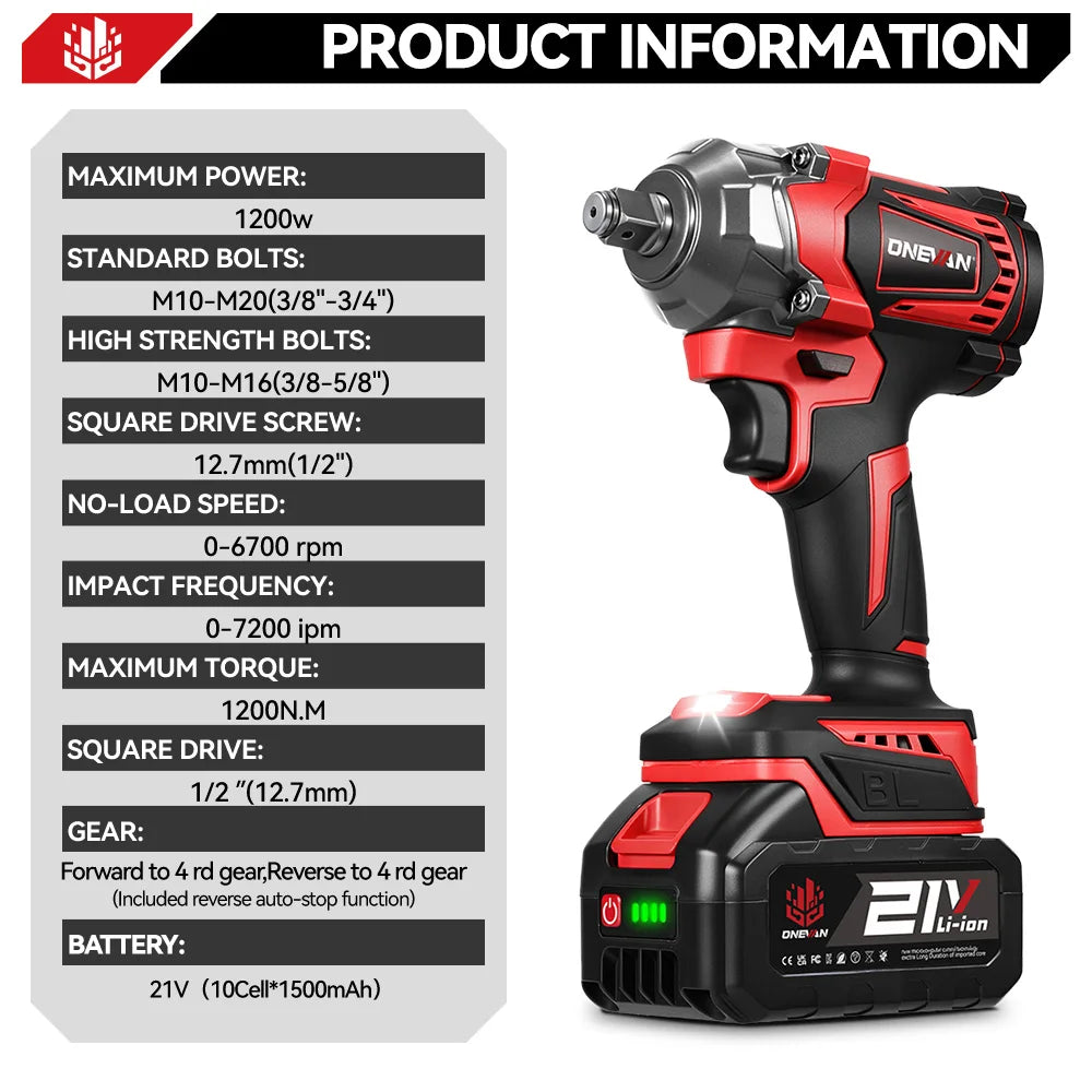 ONEVAN 1200N.M Brushless Electric Impact Wrench 1/2 inch Cordless Screwdriver Wrench Power Tool For Makita 18V Battery Pin