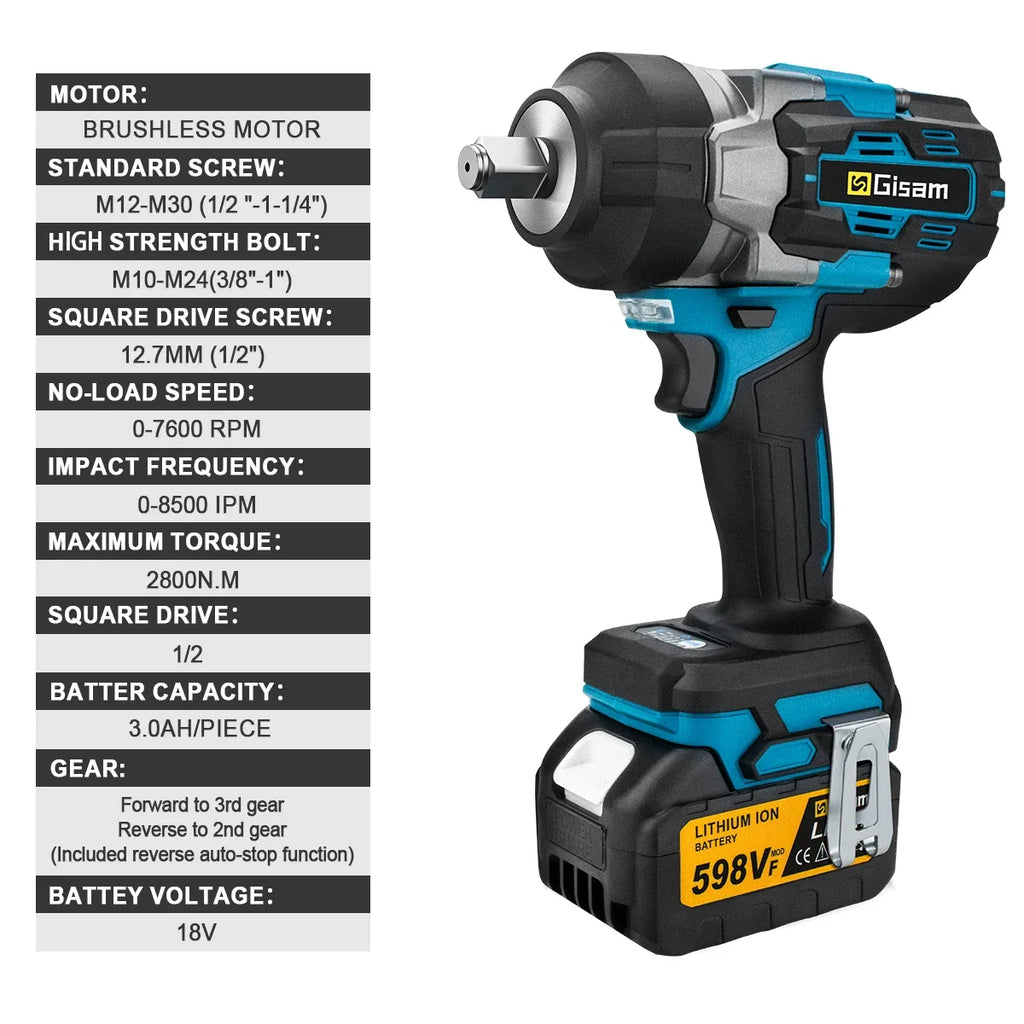 Gisam 2800N.M Brushless Electric Wrench 1/2 Inch Impact Wrench Electirc Screwdriver Drill Compatible with Makita 18V Battery Pin