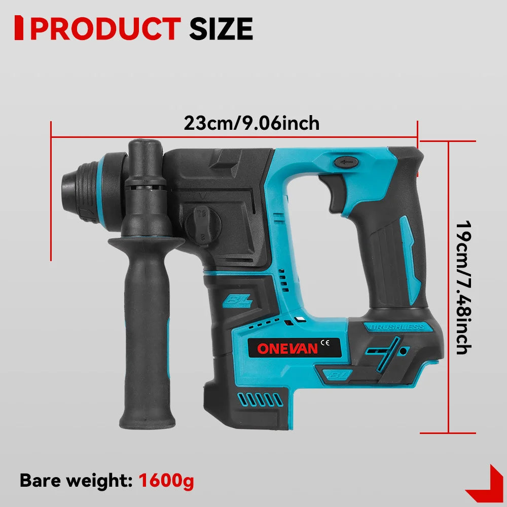 ONEVAN 27MM Brushless Electric Hammer Impact Drill Cordless Multifunction Rotary Hammer Power Tool For Makita 18V Battery Pin