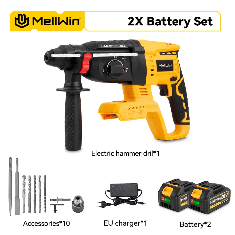 MELLWIN 3 in 1 Brushless Electric Hammer Drill Multifunction Impact Hammer for Steel Concrete Wood For Makita 18V Battery Pin