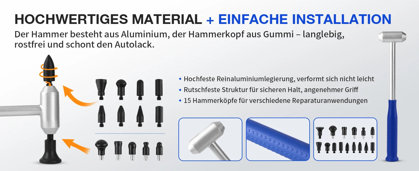 PDR Tool Dent Repair Hammer Set 15 Interchangeable Heads for Precise Removal of Small Hail Damage Rustproof Aluminum Alloy