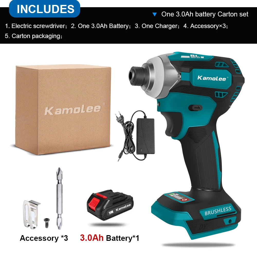 Kamolee 588Nm Cordless Electric Impact Brushless Wrench 5 Speed Screwdriver Power Tool 1/4" with 3 LED Light for 18V 21V Battery